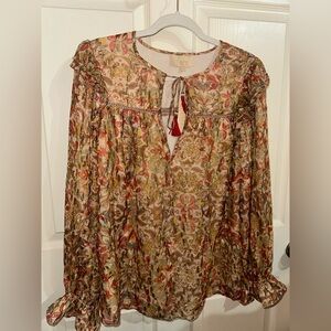 Anthropologie love the label floral Paisley gold spotted peasant Blouse NWT L